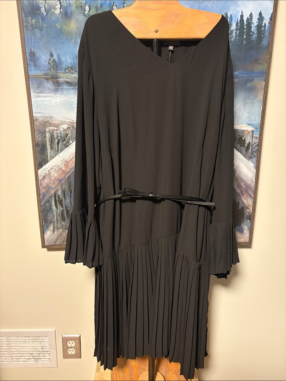 The Limited Black Pleated Long Sleeve V-Neck Dress with Thin Belt